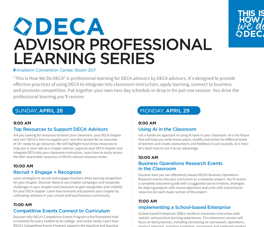 DECA Advisor Professional Learning Series Anaheim Convention Center